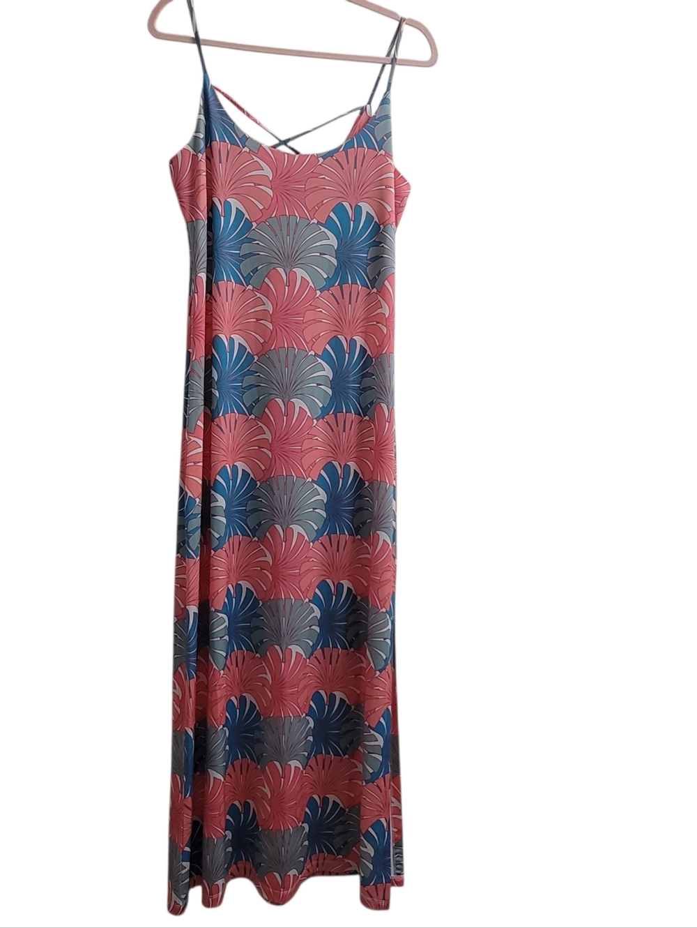 Spaghetti Maxi Dress Fan Leaves White Peach Pink Blue Mint SZ Large